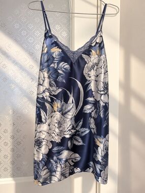 Linea Donatella Navy Floral Lace-Trim Slip Gown